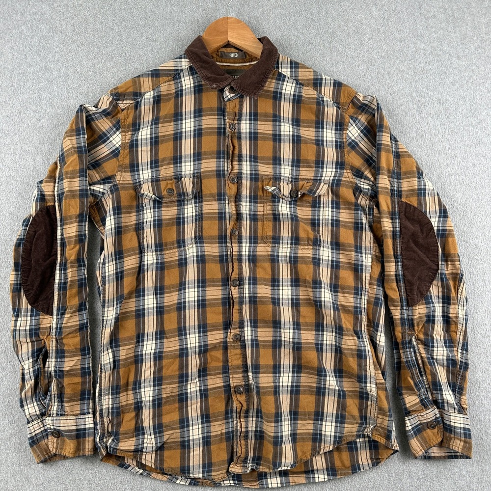 H&M L.O.G.G. Button Up Shirt Mens Medium Brown Plaid Fitted Corduroy Trim Elbows